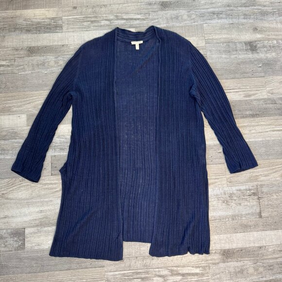 Eileen Fisher navy blue linen long sleeve open front sweater cardigan size XL B7 - Picture 1 of 5